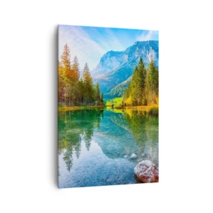 Obraz na płótnie - Malownicze jezioro w otoczeniu gór i lasów - 70x100cm - Łagodność jesieni - Nowoczesna dekoracja ścienna do salonu i sypialni ARTTOR
