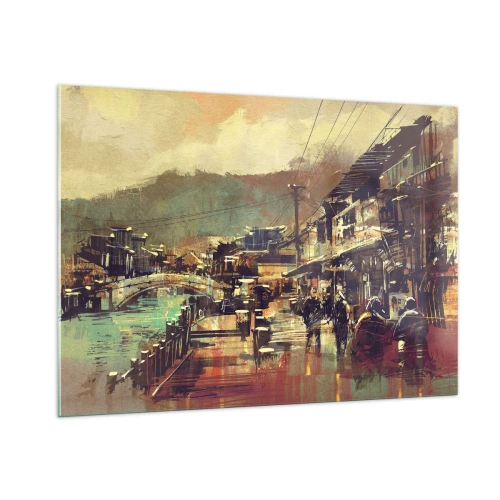 Obraz na szkle - Uliczny krajobraz w malarskim stylu z motywem mostu i kanału - 100x70cm - Życie jako bogactwo szarości - Nowoczesna dekoracja ścienna do salonu, kuchni i sypialni ARTTOR