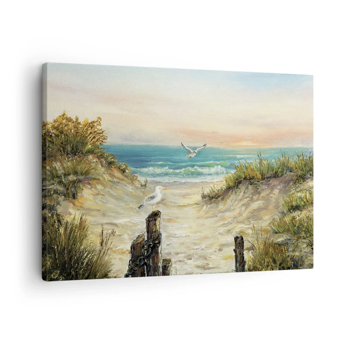 Obraz na płótnie - Wybrzeże z mewami i wydmami o zachodzie słońca - 70x50cm - Bezwietrzne zacisze - Nowoczesna dekoracja ścienna do salonu i sypialni ARTTOR