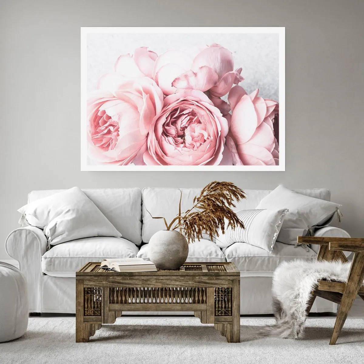 Plakat - Różowe piwonie w delikatnym świetle na jasnym tle - 100x70cm - Dla romantyków - Nowoczesna dekoracja ścienna do salonu i sypialni ARTTOR