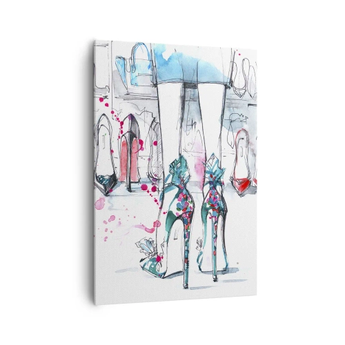 Obraz na płótnie - Artystyczna grafika z butami na wysokim obcasie i akcesoriami - 70x100cm - Sezamie, otwórz się - Nowoczesna dekoracja ścienna do salonu i sypialni ARTTOR