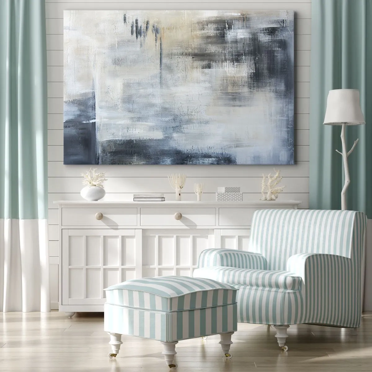 Obraz na płótnie - Abstrakcyjna kompozycja w odcieniach błękitu i szarości - 70x50cm - Za zasłoną błękitu - Nowoczesna dekoracja ścienna do salonu i sypialni ARTTOR