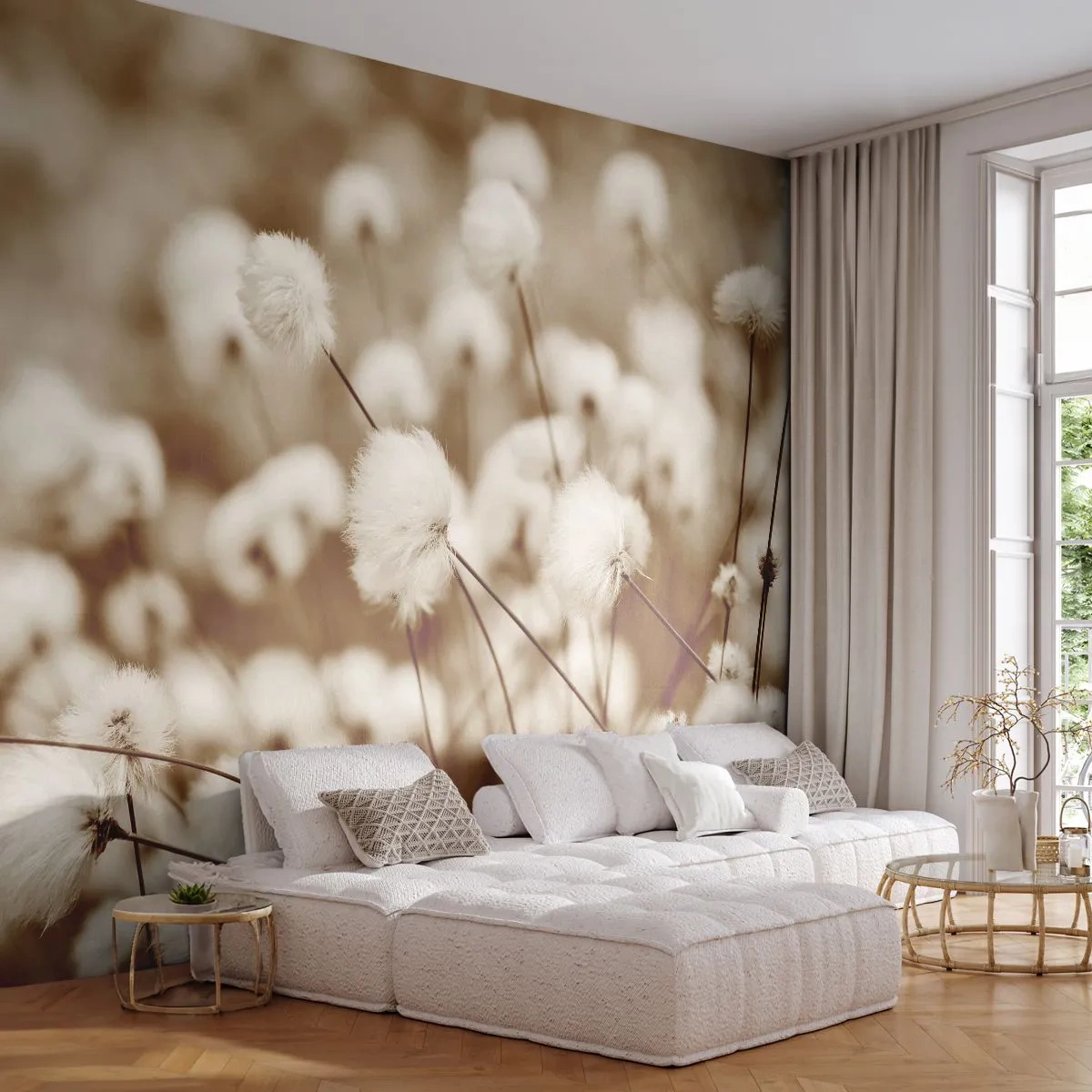 Fototapeta Samoprzylepna Deluxe Sticker - Puszysty łan - Kwiat Bawełny, Kwiat, Gałązka Bawełny - 250x175 cm