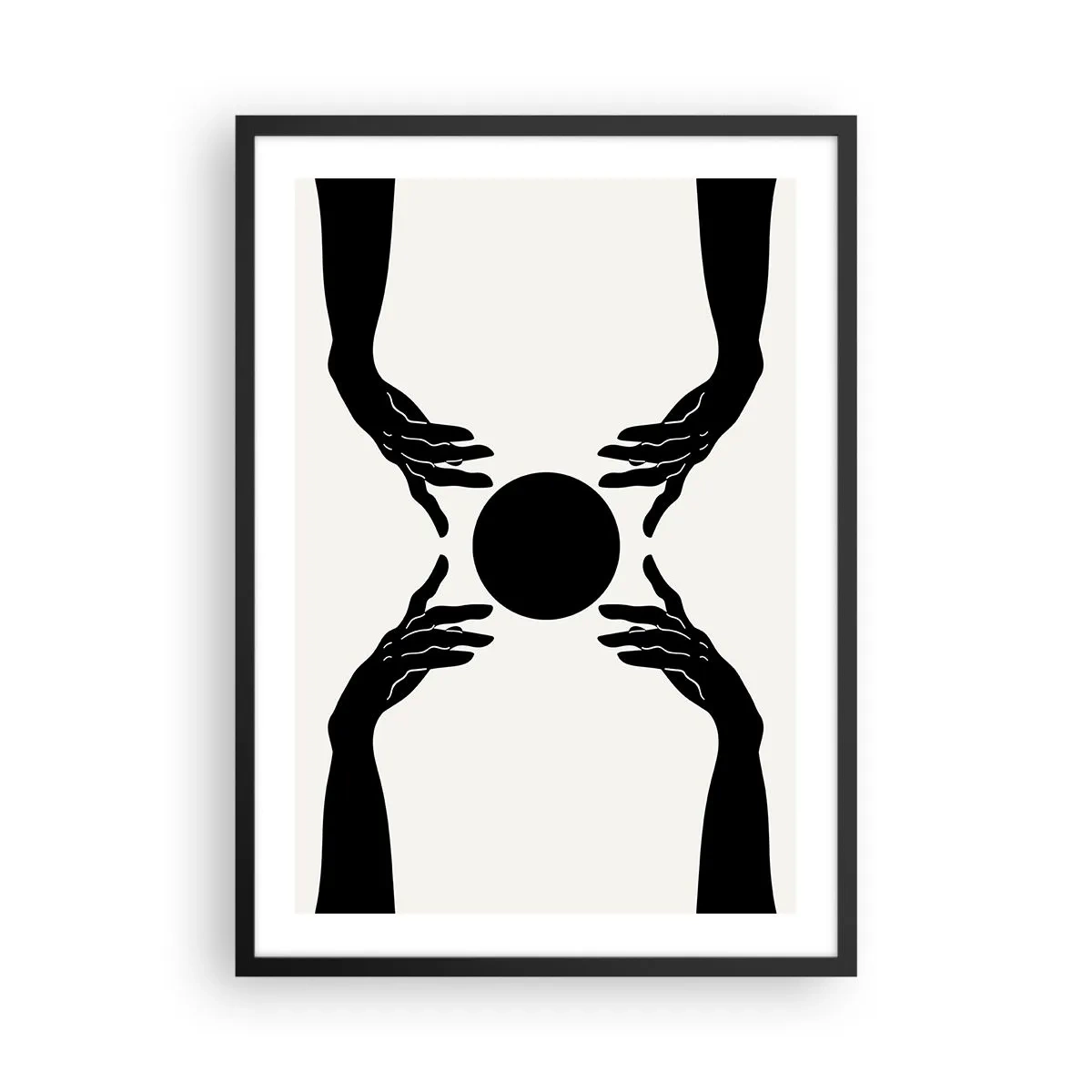 Plakat w czarnej ramie - Czarno-biała grafika dłoni z kulą - 50x70cm - Tajemny znak - Nowoczesna dekoracja ścienna do salonu i sypialni ARTTOR