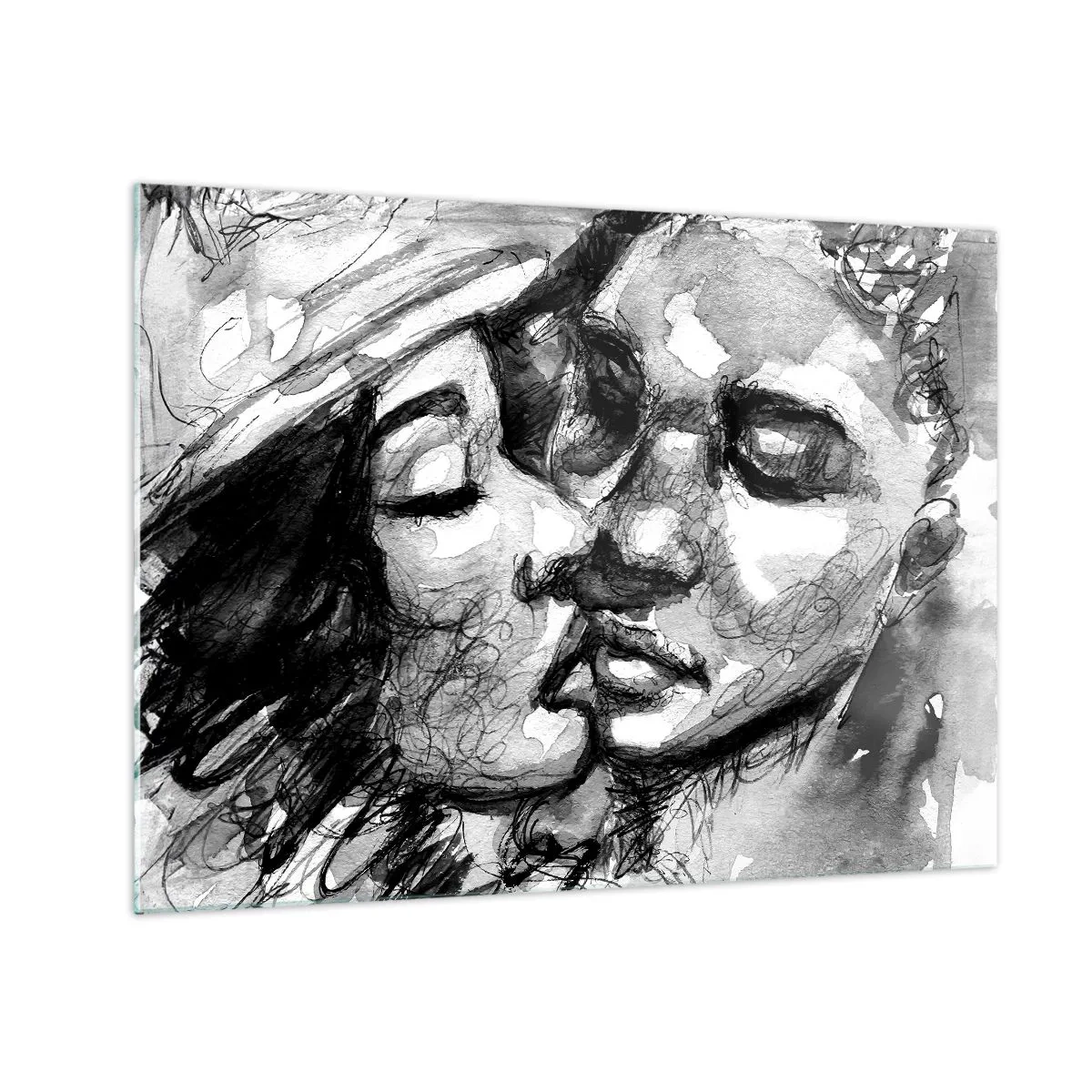 Obraz na szkle - Czarno-biały szkic przedstawiający czuły pocałunek - 70x50cm - Czuła chwila - Nowoczesna dekoracja ścienna do salonu i sypialni ARTTOR