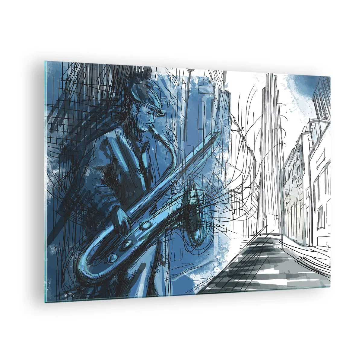 Obraz na szkle - Jazzowy saksofonista w miejskiej scenerii w odcieniach niebieskiego - 70x50cm - Miejska rapsodia - Nowoczesna dekoracja ścienna do salonu i sypialni ARTTOR