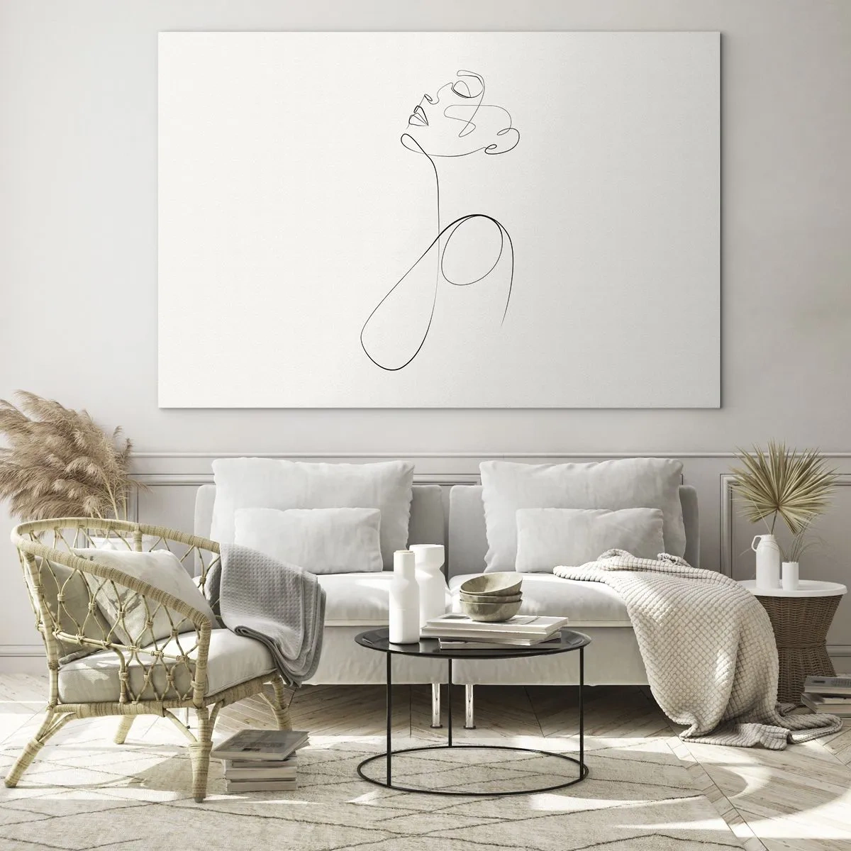 Obraz na szkle - Kobieca twarz i sylwetka w stylu line art na białym tle - 70x50cm - Zapętlona w marzeniach - Nowoczesna dekoracja ścienna do salonu i sypialni ARTTOR