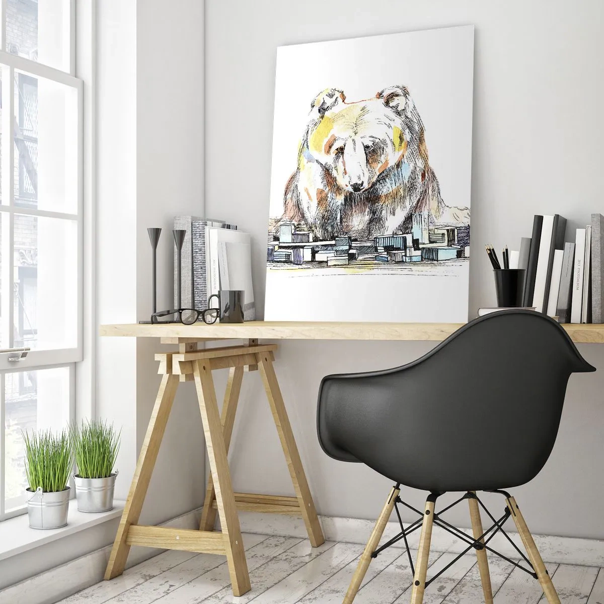 Obraz na szkle - Niedźwiedź patrzący na miasto w artystycznej kompozycji - 50x70cm - Jak można tak żyć? - Nowoczesna dekoracja ścienna do salonu, kuchni i sypialni ARTTOR