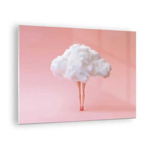 Obraz na szkle - Postać kobiety z chmurą zamiast sukienki na tle pastelowego różu - 70x50cm - Słodka obietnica - Nowoczesna dekoracja ścienna do salonu i sypialni ARTTOR