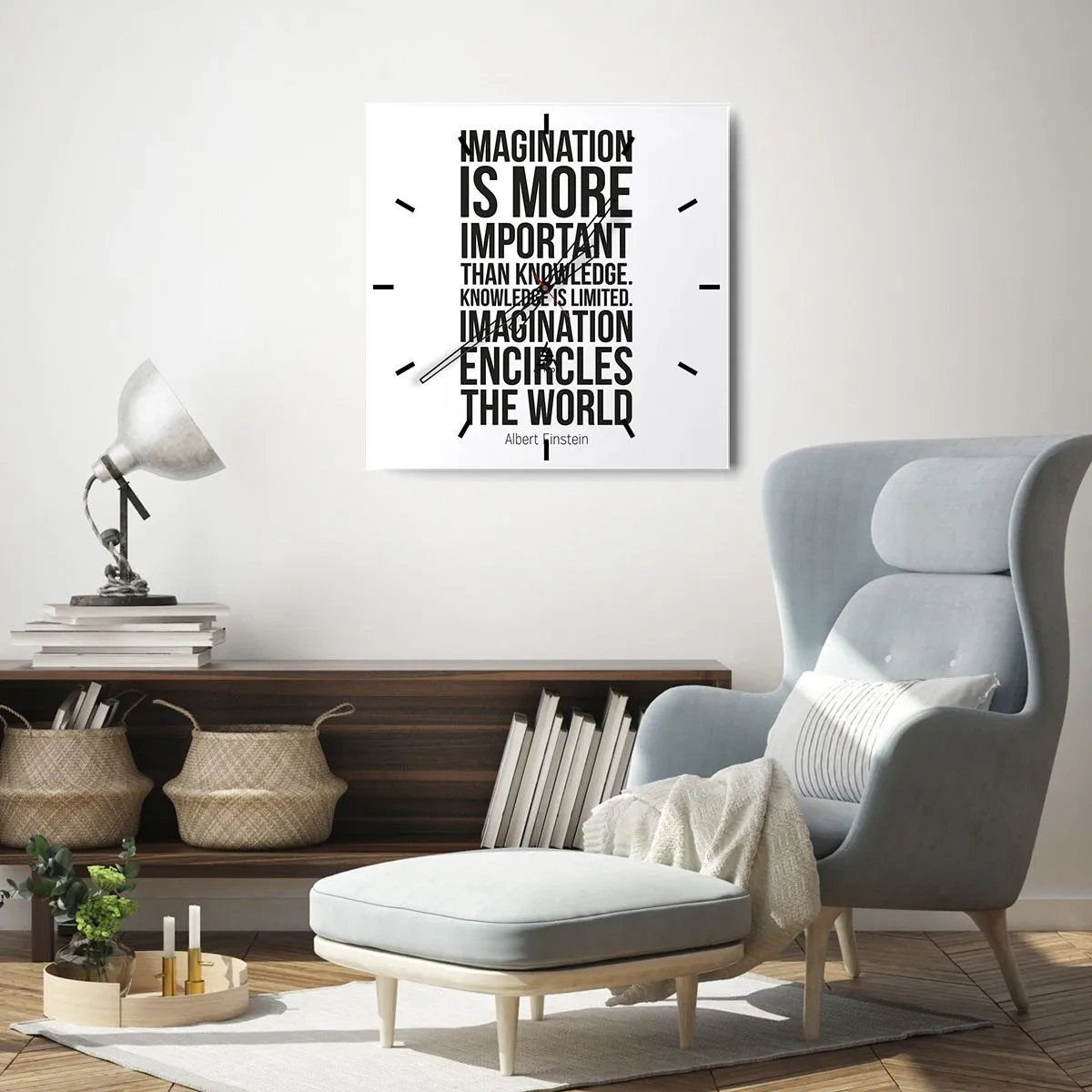 Zegar ścienny - Inspirujący cytat na białym tle w czarnej czcionce - 30x30cm - Einstein o mocy wyobraźni - Nowoczesna dekoracja ścienna do salonu i sypialni ARTTOR