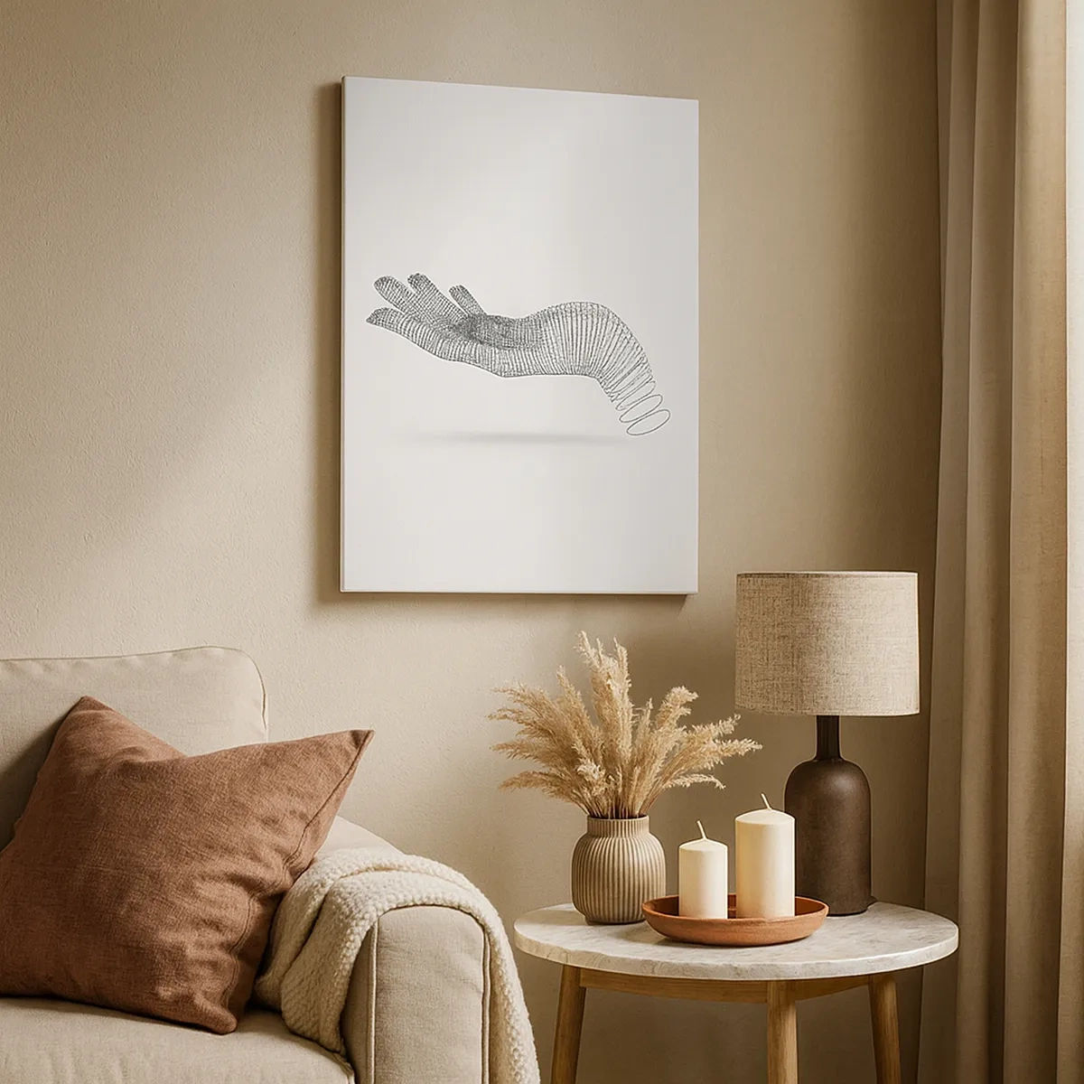 Obraz na płótnie - Abstrakcyjna dłoń z linii w stylu geometrycznym na białym tle - 50x70cm - Sprężysta dłoń - Nowoczesna dekoracja ścienna do salonu, kuchni i sypialni ARTTOR