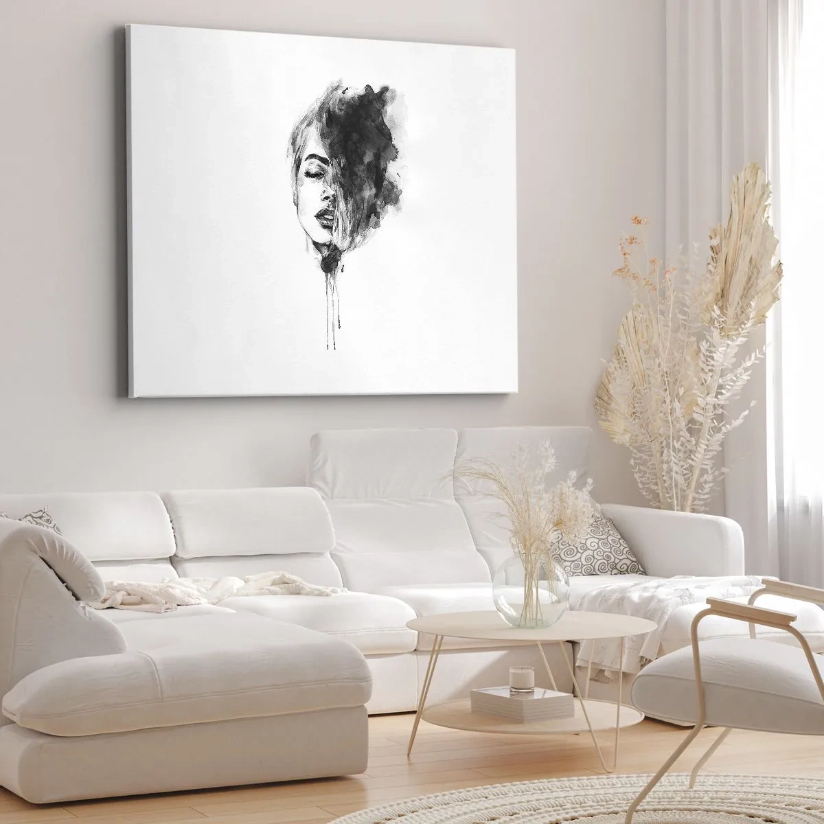Obraz na płótnie - Artystyczny portret kobiety w technice akwareli z abstrakcyjnymi detalami - 70x50cm - O czym marzy dziewczyna - Nowoczesna dekoracja ścienna do salonu i sypialni ARTTOR