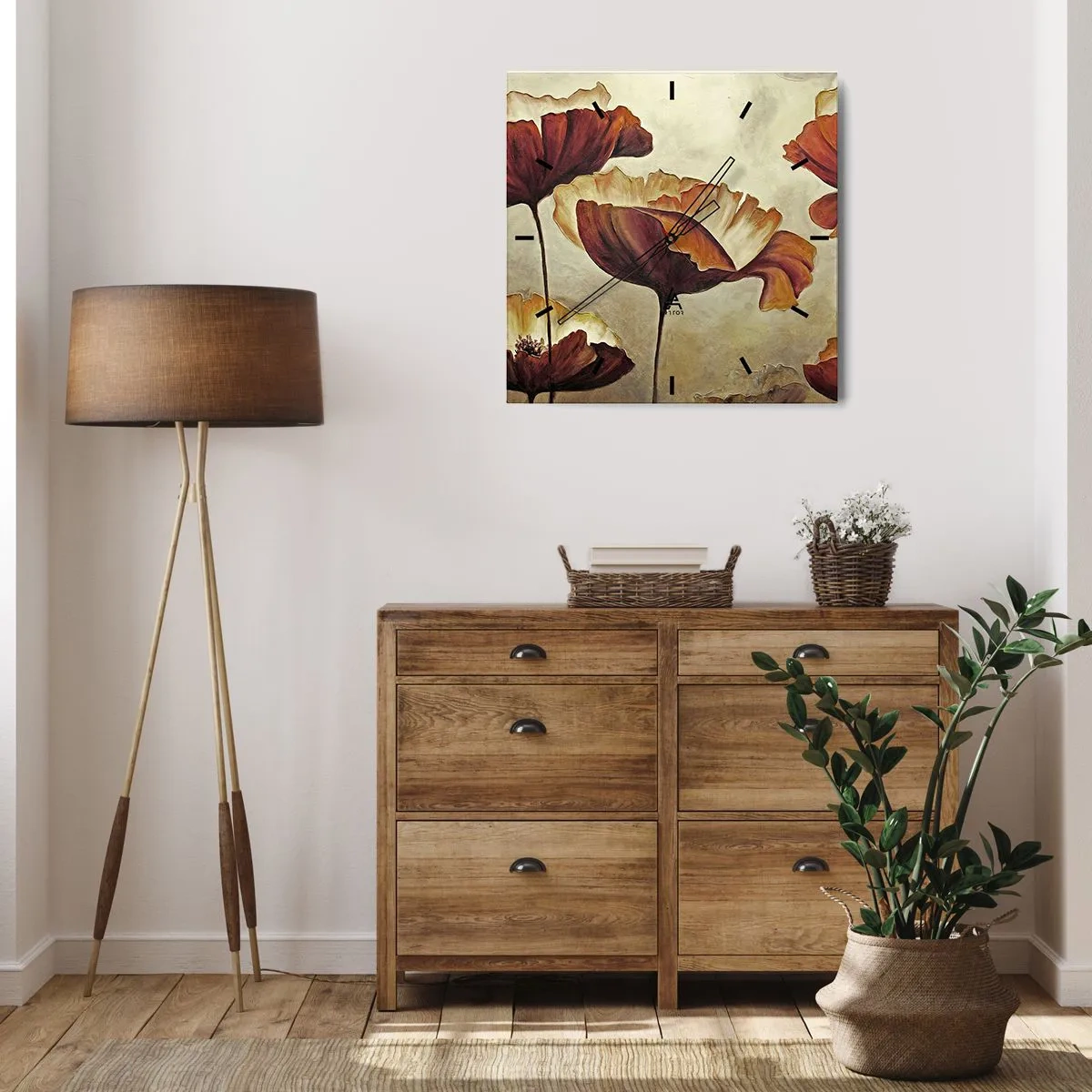 Zegar ścienny - Subtelne kwiaty w odcieniach czerwieni i złota na jasnym tle - 30x30cm - Łąki łan - Nowoczesna dekoracja ścienna do salonu i sypialni ARTTOR