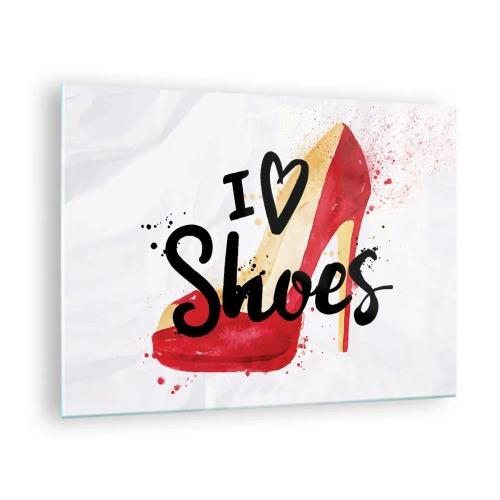 Obraz na szkle - Czerwony szpilka i napis 'I love shoes' na jasnym tle - 70x50cm - Miłość niejedno ma imię - Nowoczesna dekoracja ścienna do salonu i sypialni ARTTOR