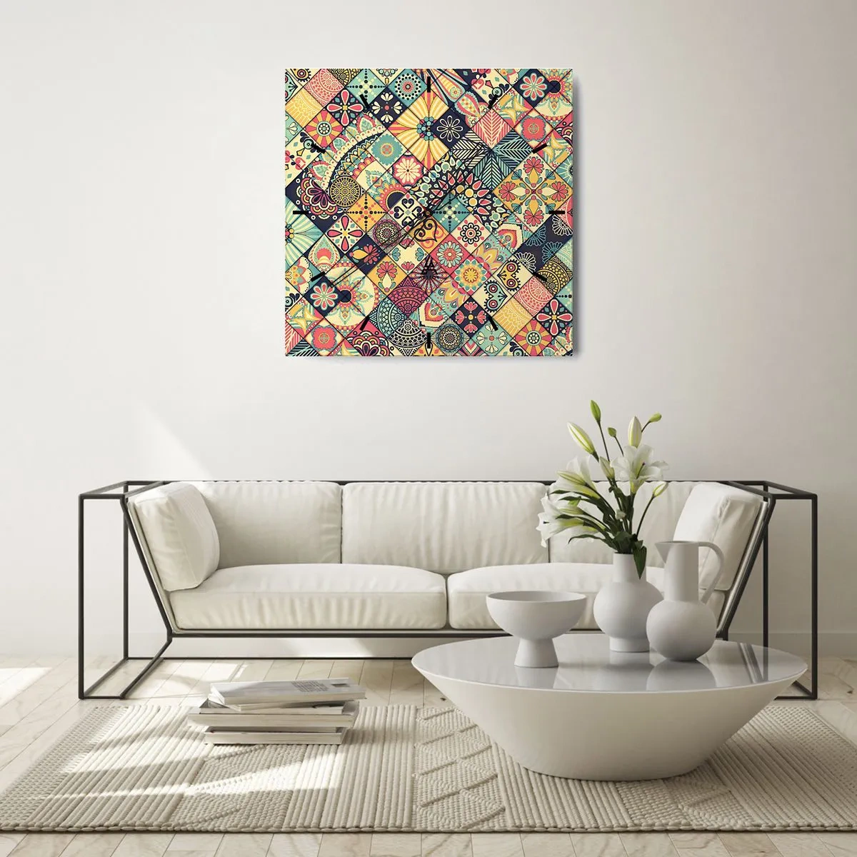 Zegar ścienny - Kolorowe geometryczne wzory inspirowane stylem marokańskim - 30x30cm - Marokańskie klimaty - Nowoczesna dekoracja ścienna do salonu i sypialni ARTTOR