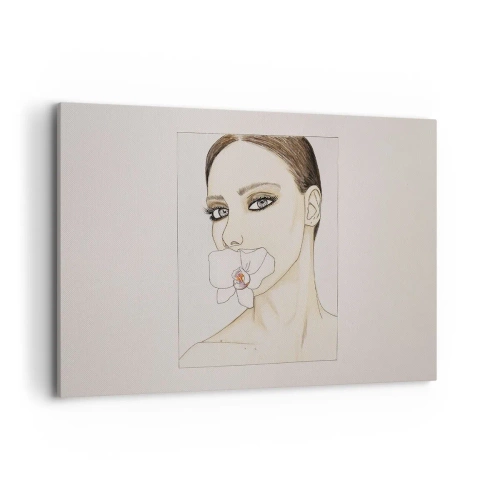 Obraz na płótnie - Portret kobiety z orchideą w delikatnych barwach - 120x80cm - Symbol elegancji i piękna - Nowoczesna dekoracja ścienna do salonu, kuchni i sypialni ARTTOR