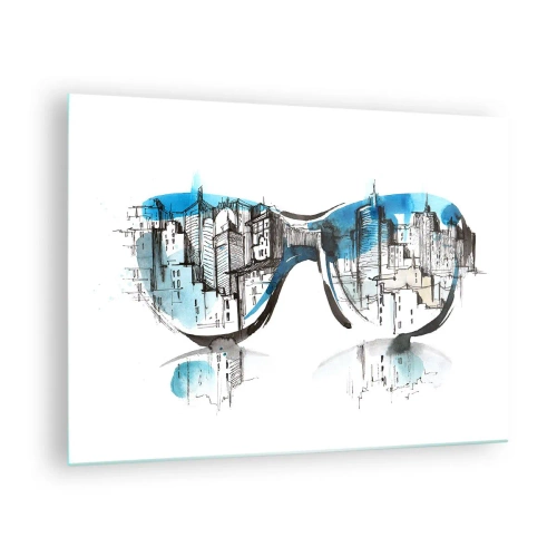 Obraz na szkle - Panorama miasta odbita w okularach przeciwsłonecznych - 70x50cm - Wielkomiejski szyk - Nowoczesna dekoracja ścienna do salonu i sypialni ARTTOR