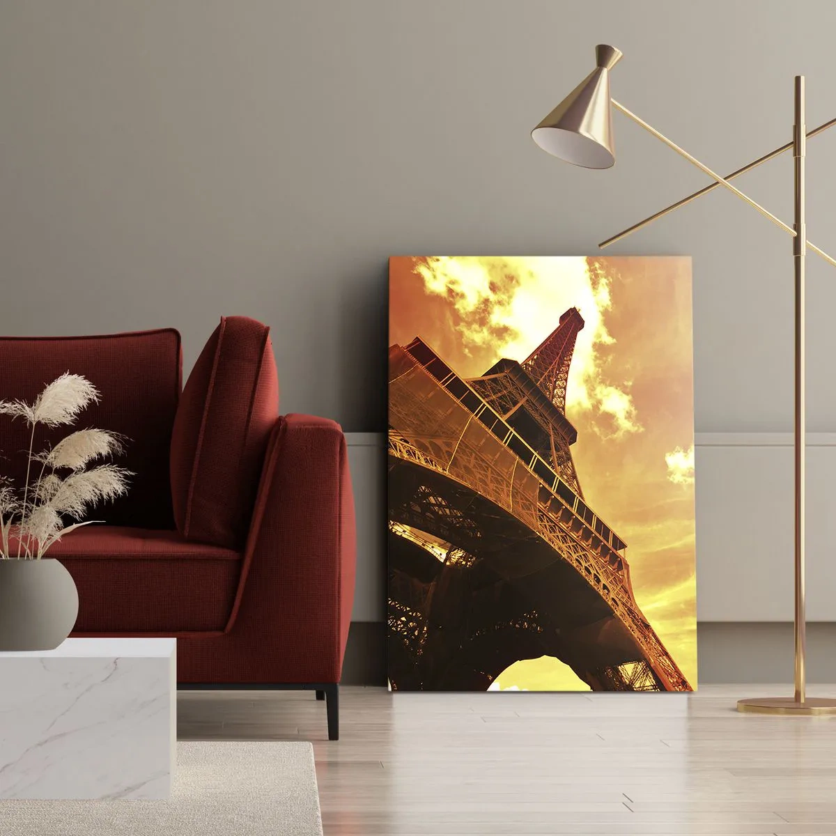 Obraz na płótnie - Wieża Eiffla na tle złotego nieba podczas zachodu słońca - 80x120cm - Monumentalna, bo pozłacana słońcem - Nowoczesna dekoracja ścienna do salonu i sypialni ARTTOR
