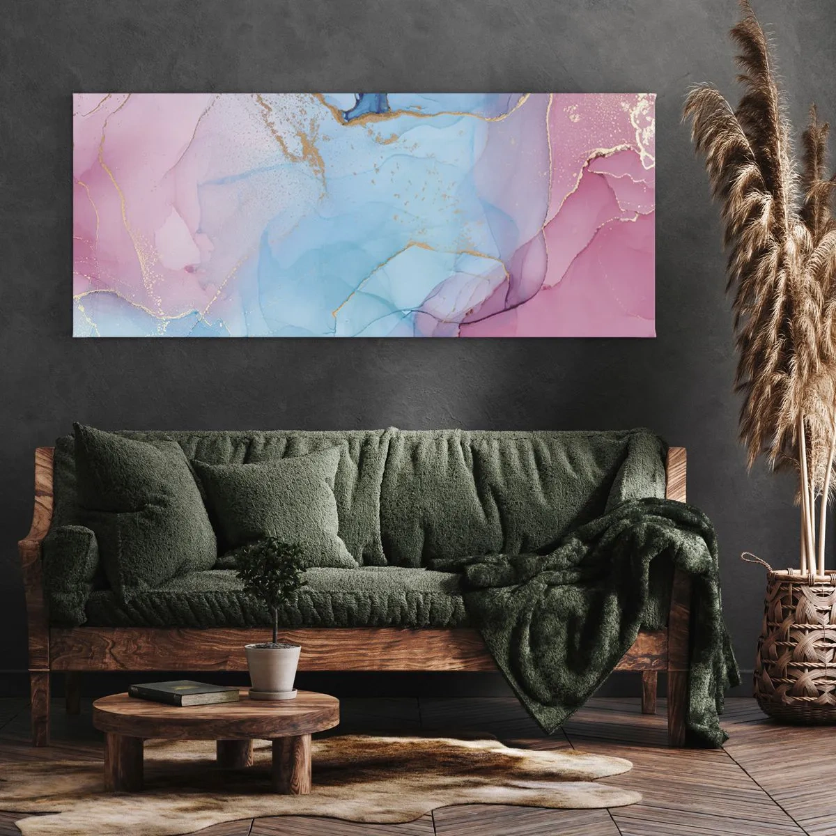 Obraz na płótnie - Abstrakcyjne pastelowe wzory z akcentami złota - 160x50cm - Spotkanie i przenikanie - Nowoczesna dekoracja ścienna do salonu i sypialni ARTTOR