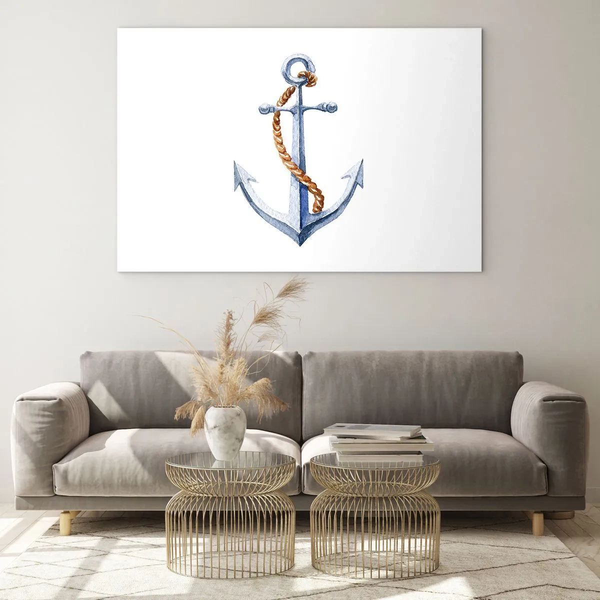 Obraz na szkle - Kotwica z liną w stylu marynistycznym - 120x80cm - Ahoj przygodo! - Nowoczesna dekoracja ścienna do salonu, kuchni i sypialni ARTTOR