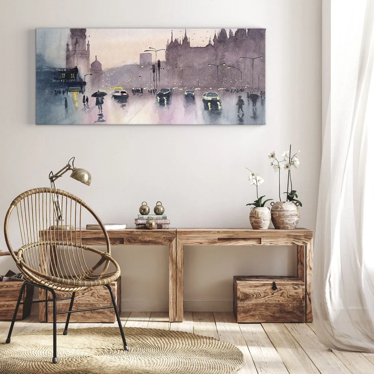 Obraz na płótnie - Miejska ulica o zmierzchu w akwarelowym stylu - 160x50cm - W deszczowej mgiełce - Nowoczesna dekoracja ścienna do salonu i sypialni ARTTOR