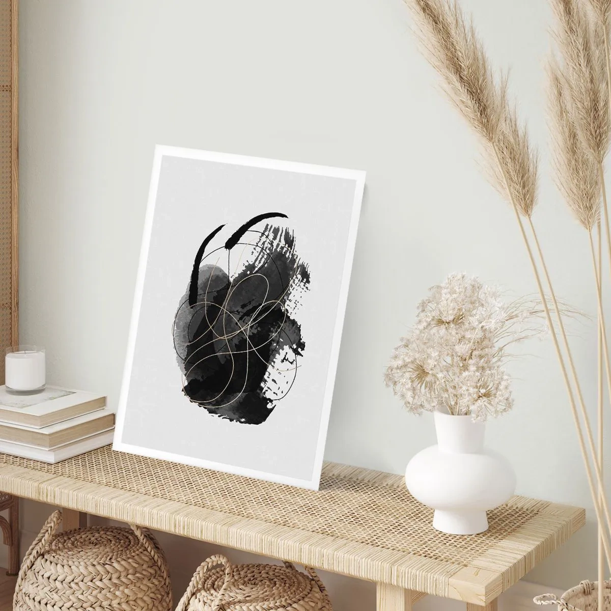 Plakat - Abstrakcyjna kompozycja w czerni z delikatnymi złotymi liniami - 50x70cm - Wysnute z czerni - Nowoczesna dekoracja ścienna do salonu, kuchni i sypialni ARTTOR