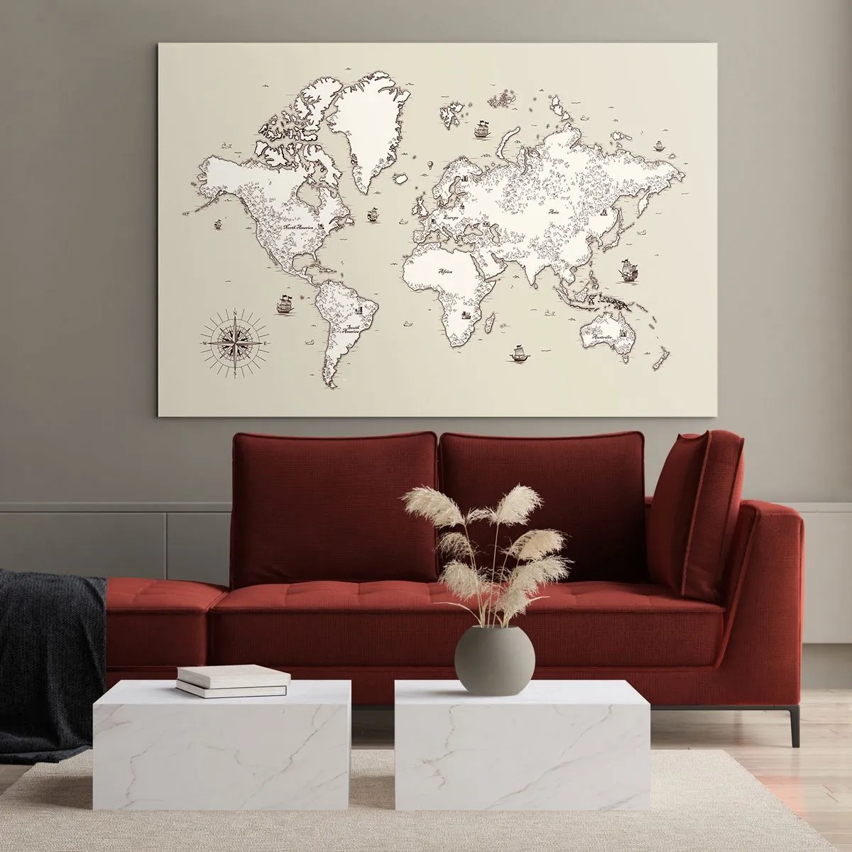 Obraz na szkle - Stylizowana mapa świata w klasycznym wydaniu - 70x50cm - Podróż dookoła świata - Nowoczesna dekoracja ścienna do salonu i sypialni ARTTOR
