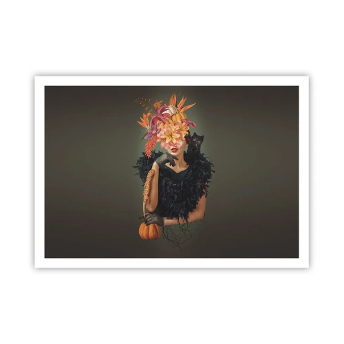 Plakat - Portret kobiety z jesiennymi motywami i kotem - 100x70cm - Czar wiedźmy - Nowoczesna dekoracja ścienna do salonu i sypialni ARTTOR