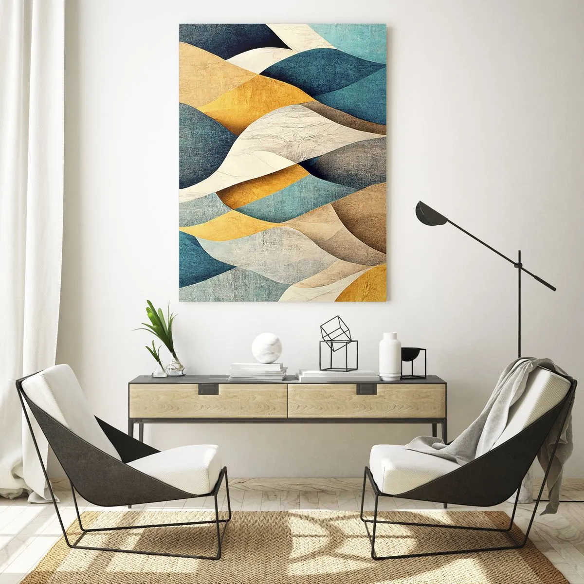 Obraz na szkle - Abstrakcyjne kształty w odcieniach żółci i błękitu - 50x70cm - Rytm i falowanie - Nowoczesna dekoracja ścienna do salonu, kuchni i sypialni ARTTOR