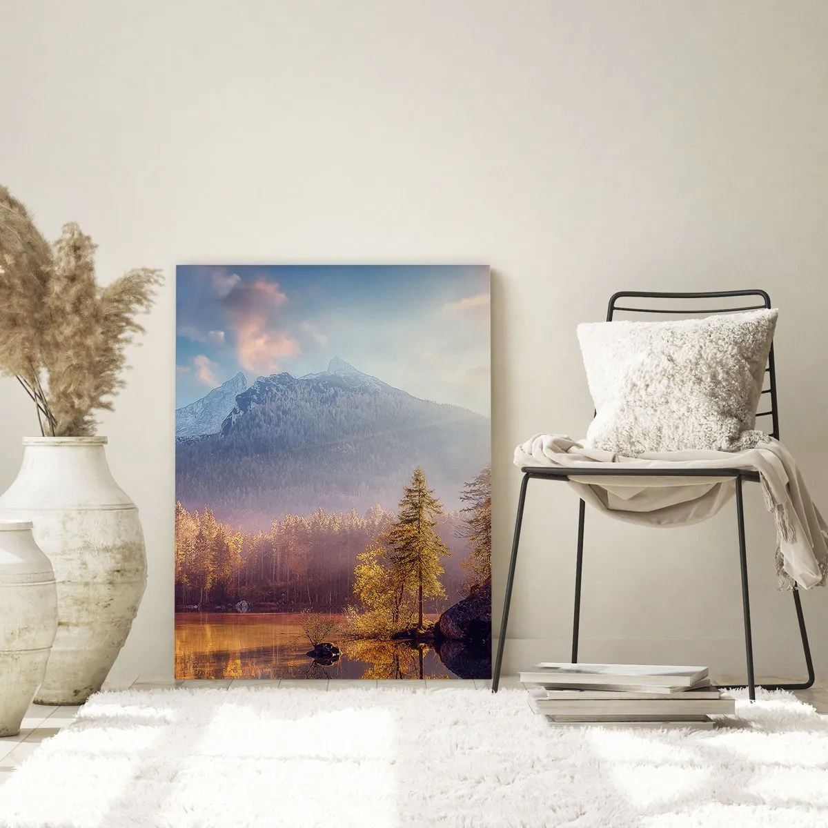 Obraz na szkle - Malowniczy widok na górski las i jezioro o świcie - 70x100cm - W górach i dolinach - Nowoczesna dekoracja ścienna do salonu i sypialni ARTTOR