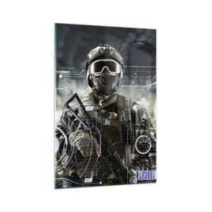 Obraz na szkle - Żołnierz w futurystycznym hełmie z bronią w tle technologii - 70x100cm - Moc do potęgi - Nowoczesna dekoracja ścienna do salonu i sypialni ARTTOR