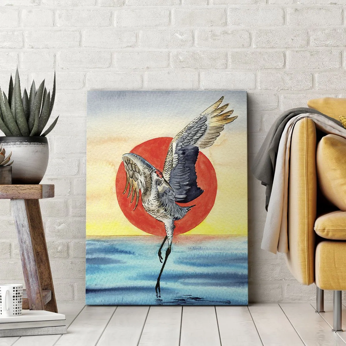 Obraz na płótnie - Akwarelowy żuraw na tle czerwonego słońca i błękitnej wody - 70x100cm - Czas wracać - Nowoczesna dekoracja ścienna do salonu i sypialni ARTTOR