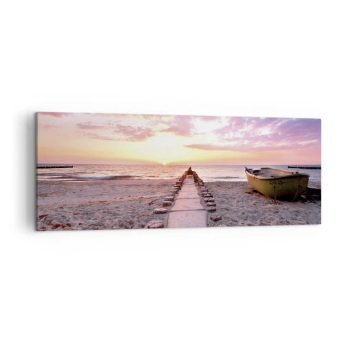 Obraz na płótnie - Plaża o wschodzie słońca z łodzią i pomostem - 140x50cm - Chwila głębokiego przeżycia - Nowoczesna dekoracja ścienna do salonu i sypialni ARTTOR