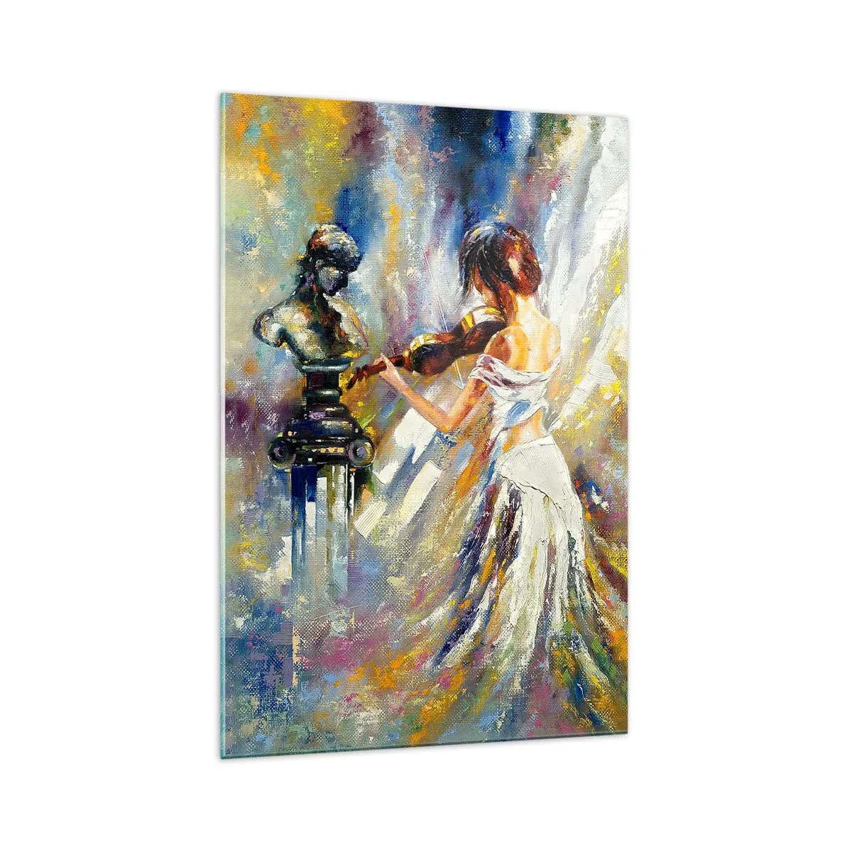 Obraz na szkle - Kobieta w białej sukni grająca na skrzypcach przed popiersiem - 70x100cm - Ożywić uczuciem - Nowoczesna dekoracja ścienna do salonu i sypialni ARTTOR