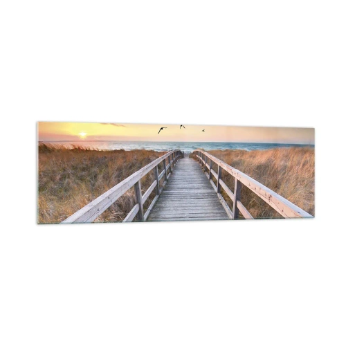 Obraz na szkle - Drewniany pomost prowadzący na plażę o zachodzie słońca - 160x50cm - Przestrzeń wzlotów - Nowoczesna dekoracja ścienna do salonu i sypialni ARTTOR