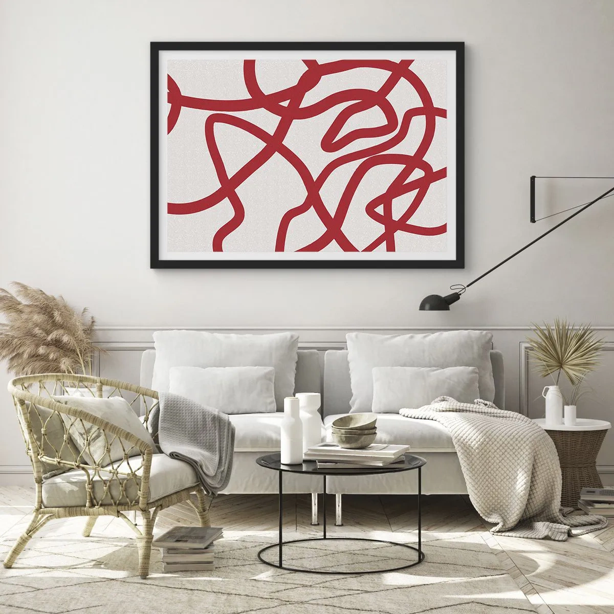 Plakat w czarnej ramie - Czerwone abstrakcyjne linie na białym tle - 70x50cm - Czerwono na białym - Nowoczesna dekoracja ścienna do salonu i sypialni ARTTOR