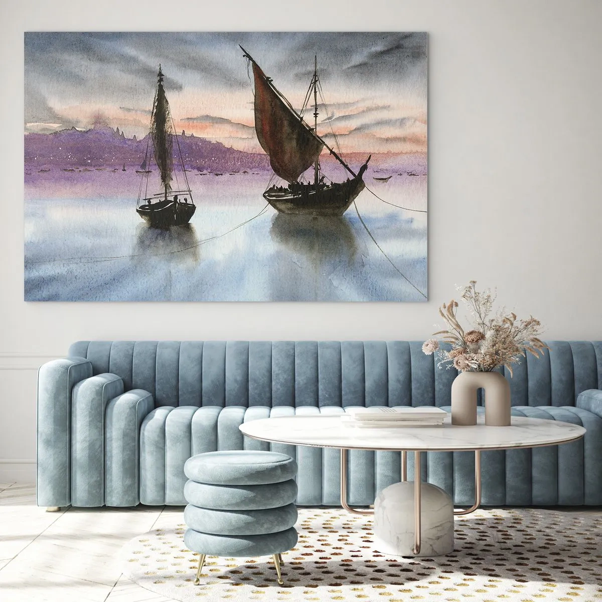 Obraz na szkle - Dwa żaglowce na spokojnej wodzie przy zachodzie słońca - 70x50cm - Wieczór w porcie - Nowoczesna dekoracja ścienna do salonu i sypialni ARTTOR
