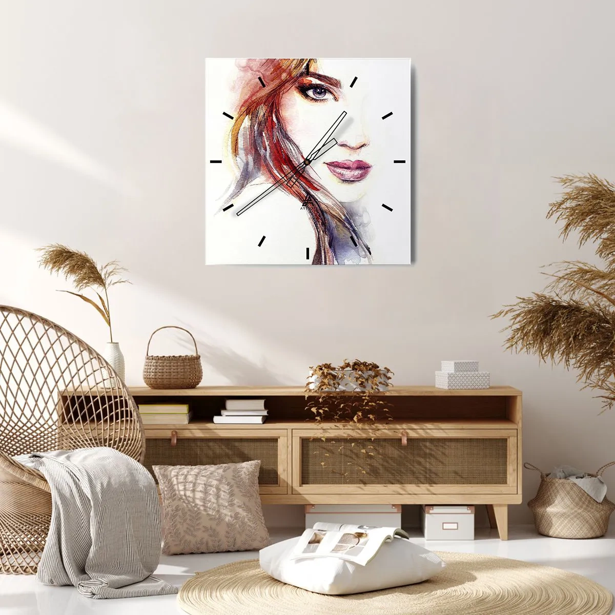 Zegar ścienny - Subtelna akwarela kobiecej twarzy z wyrazistym spojrzeniem - 30x30cm - Vademecum - idź za mną - Nowoczesna dekoracja ścienna do salonu i sypialni ARTTOR