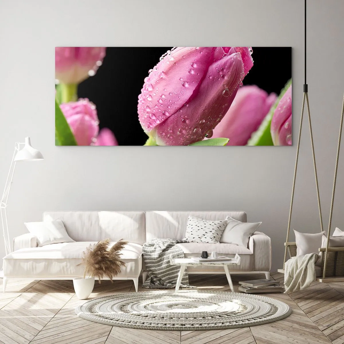 Obraz na szkle - Różowy tulipan z kroplami wody na czarnym tle - 120x50cm - Liliowy sen w rosie - Nowoczesna dekoracja ścienna do salonu i sypialni ARTTOR