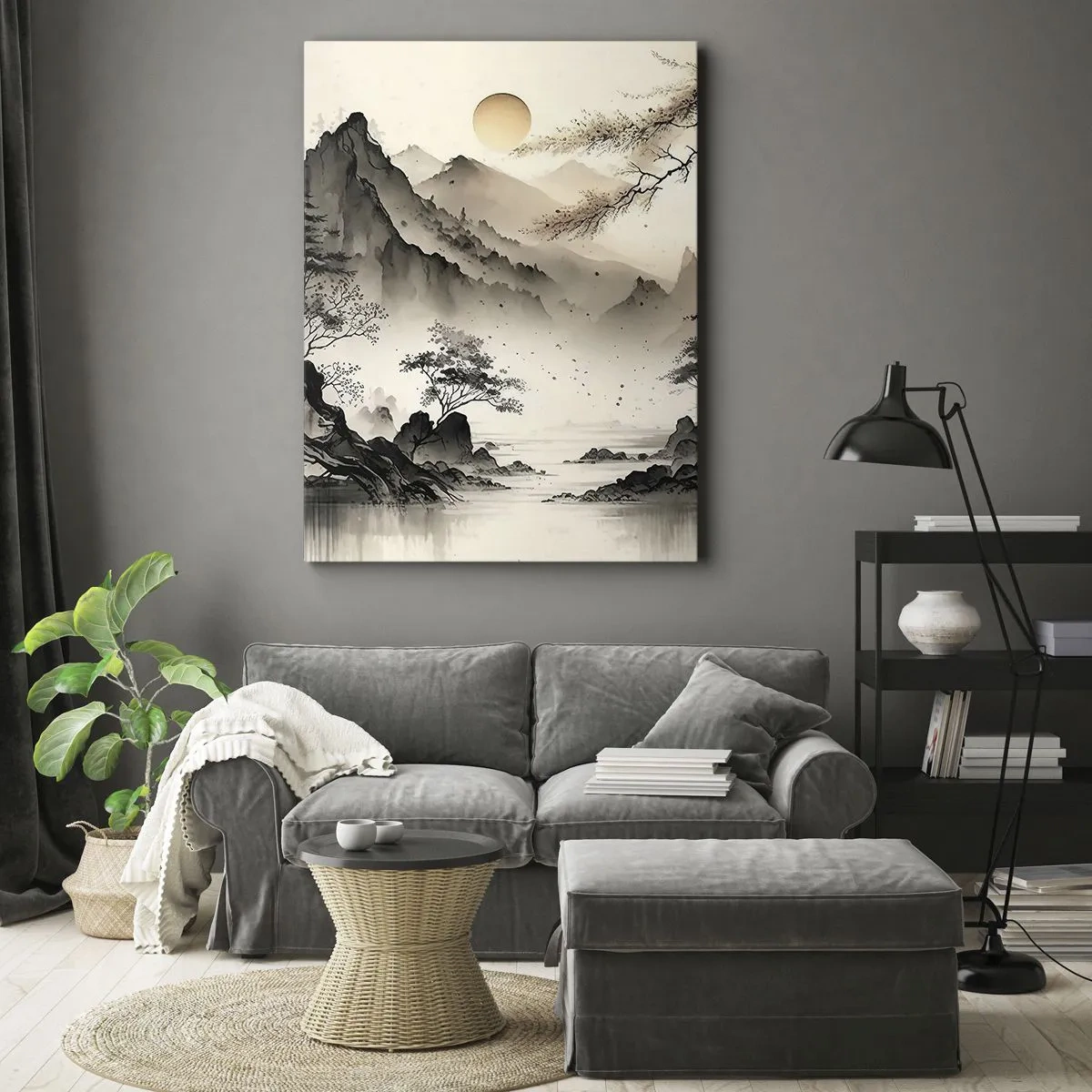 Obraz na płótnie - Minimalistyczny pejzaż górski w stylu orientalnym - 50x70cm - Niepowtarzalny urok orientu - Nowoczesna dekoracja ścienna do salonu, kuchni i sypialni ARTTOR