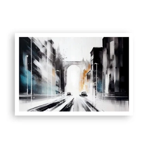 Plakat - Abstrakcyjna panorama miasta z łukowym mostem - 100x70cm - Studium miasta: architektura i ruch - Nowoczesna dekoracja ścienna do salonu i sypialni ARTTOR