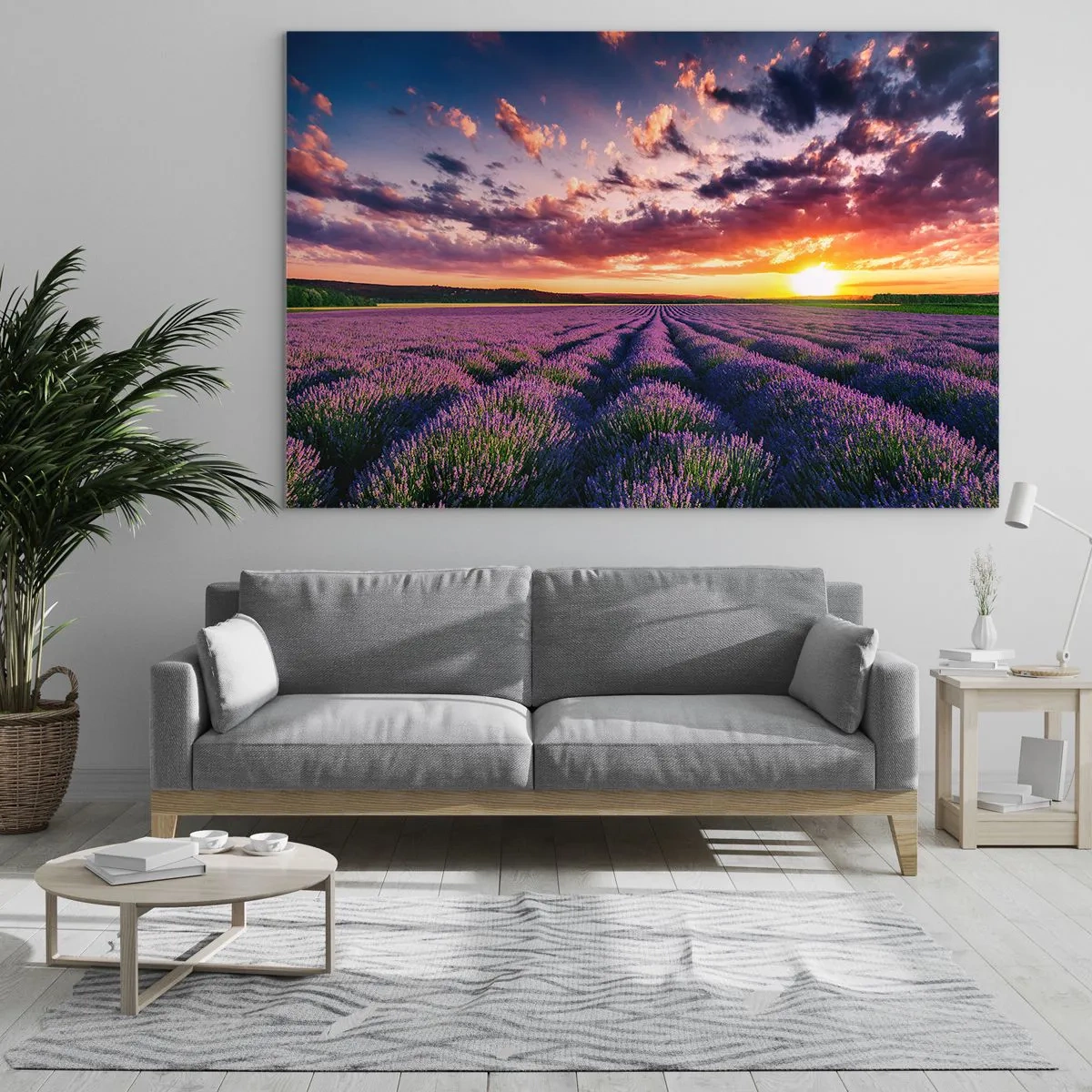 Obraz na szkle - Pole lawendy o zachodzie słońca z kolorowym niebem i chmurami - 70x50cm - Lawendowy świat - Nowoczesna dekoracja ścienna do salonu i sypialni ARTTOR