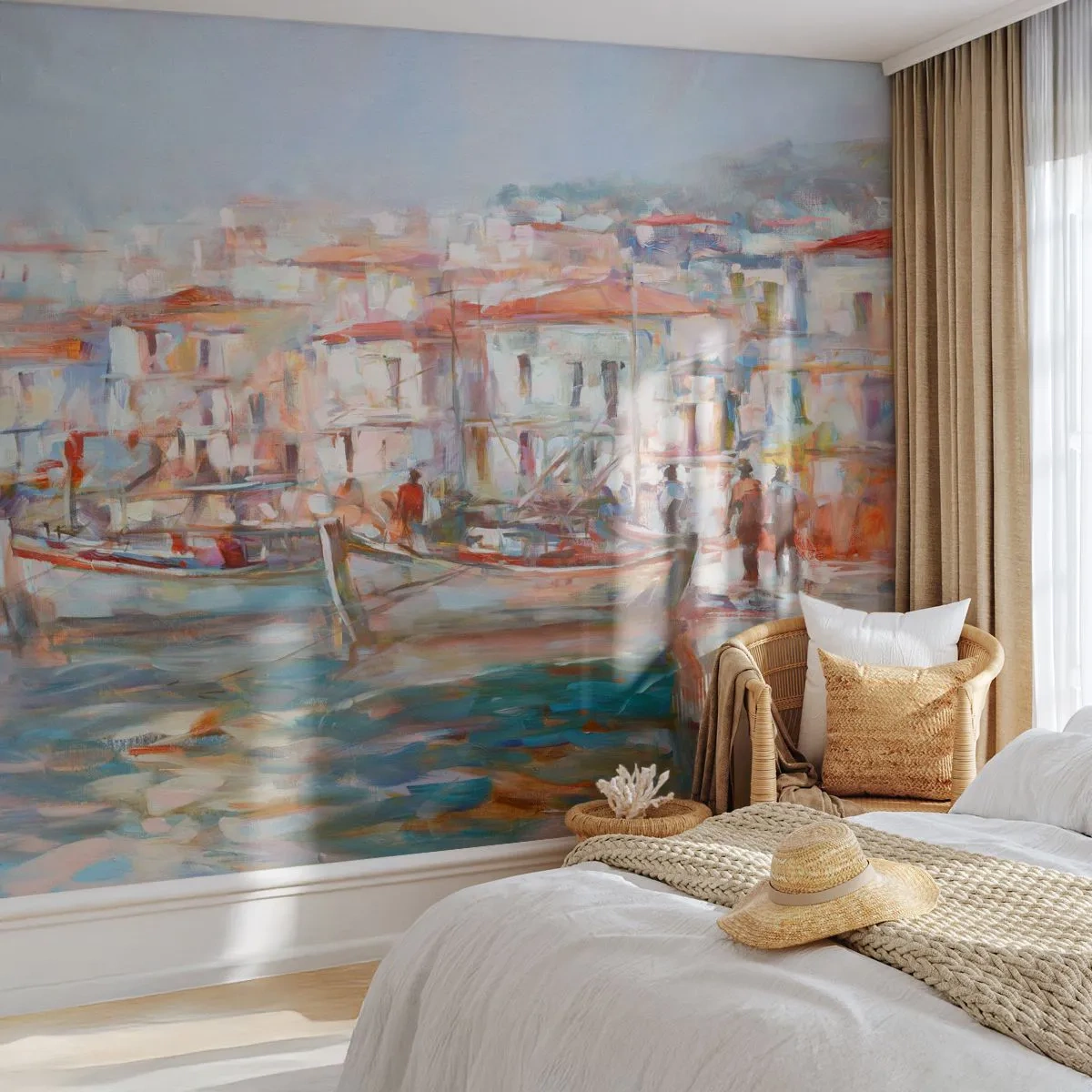 Fototapeta Premium Sand - Pastelowy port z łodziami i zabudową nadbrzeżną - 100x70cm - Pastelowe wakacje - Nowoczesna dekoracja ścienna do salonu, kuchni i sypialni ARTTOR
