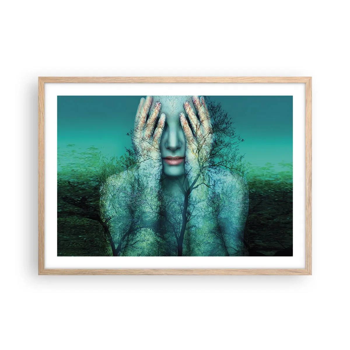 Plakat w ramie jasny dąb - Zanurzona w błękicie - 70x50 cm