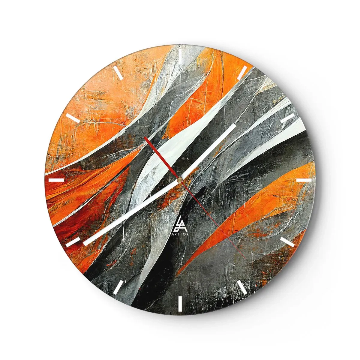 Zegar ścienny - Dynamiczne smugi pomarańczu, czerni i szarości - 30x30cm - Żar i chłód - Nowoczesna dekoracja ścienna do salonu, kuchni i sypialni ARTTOR