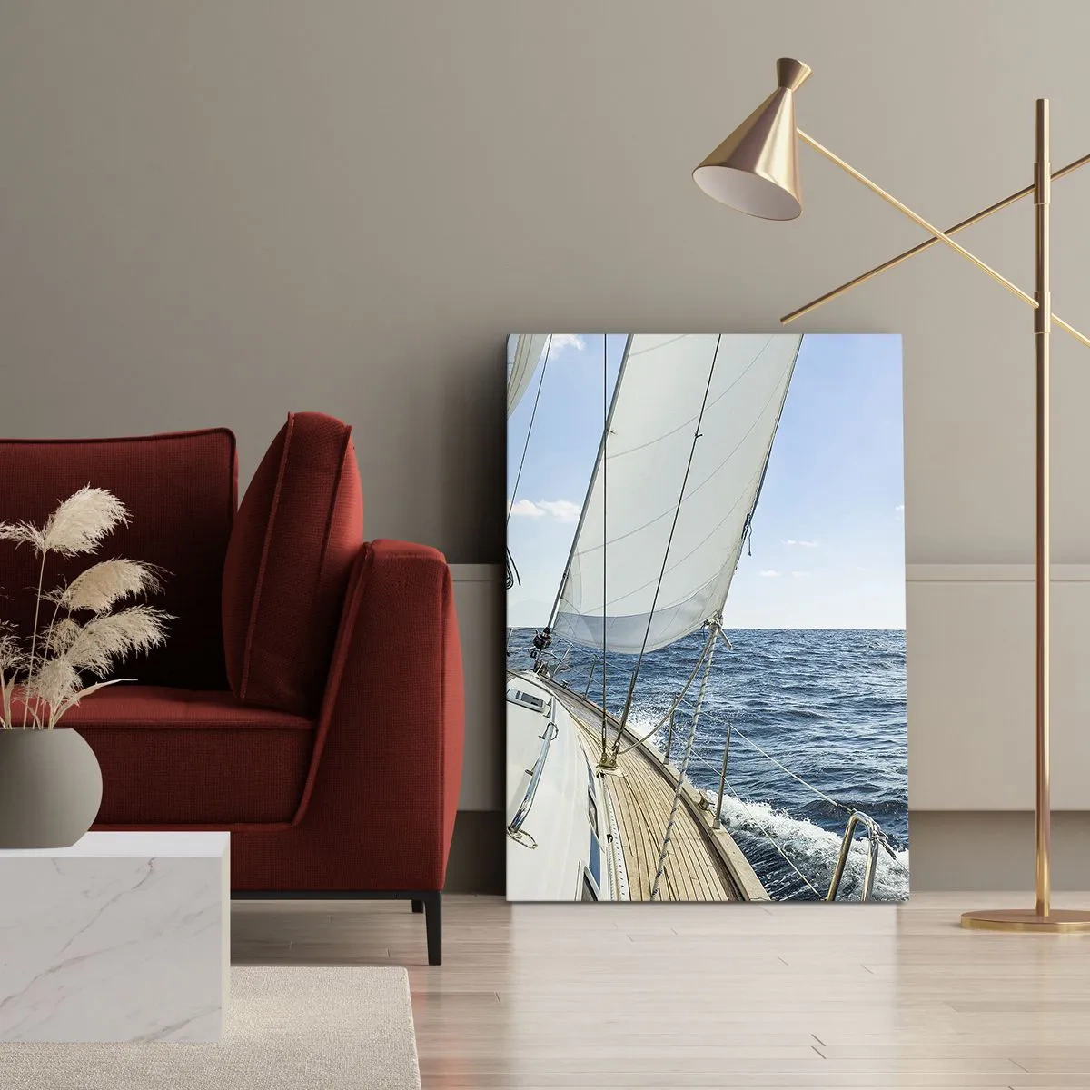 Obraz na płótnie - Żaglówka na otwartym morzu z białymi żaglami - 50x70cm - Ahoj, przygodo - Nowoczesna dekoracja ścienna do salonu, kuchni i sypialni ARTTOR