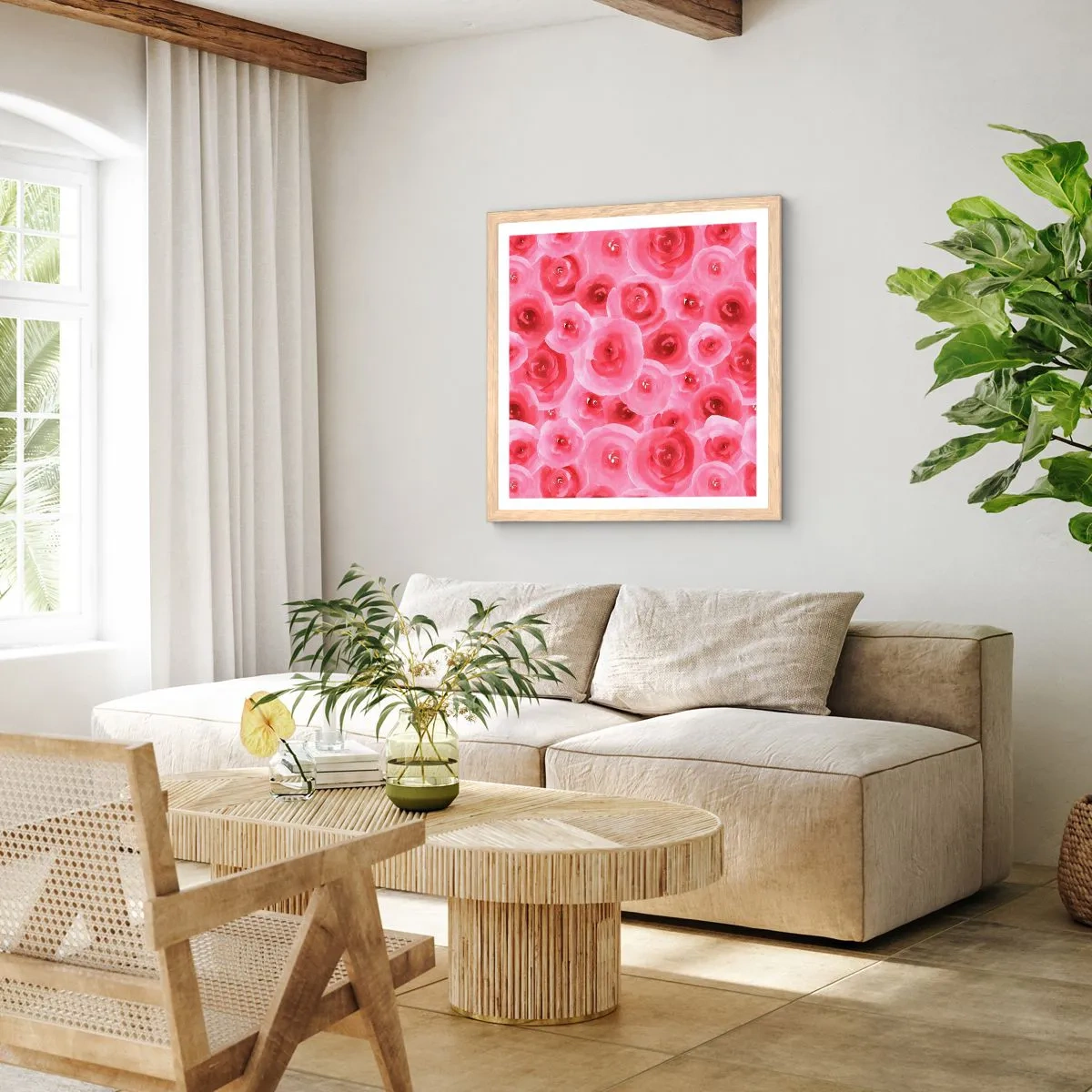 Plakat w ramie jasny dąb - Róże na dole i na górze - 30x30 cm