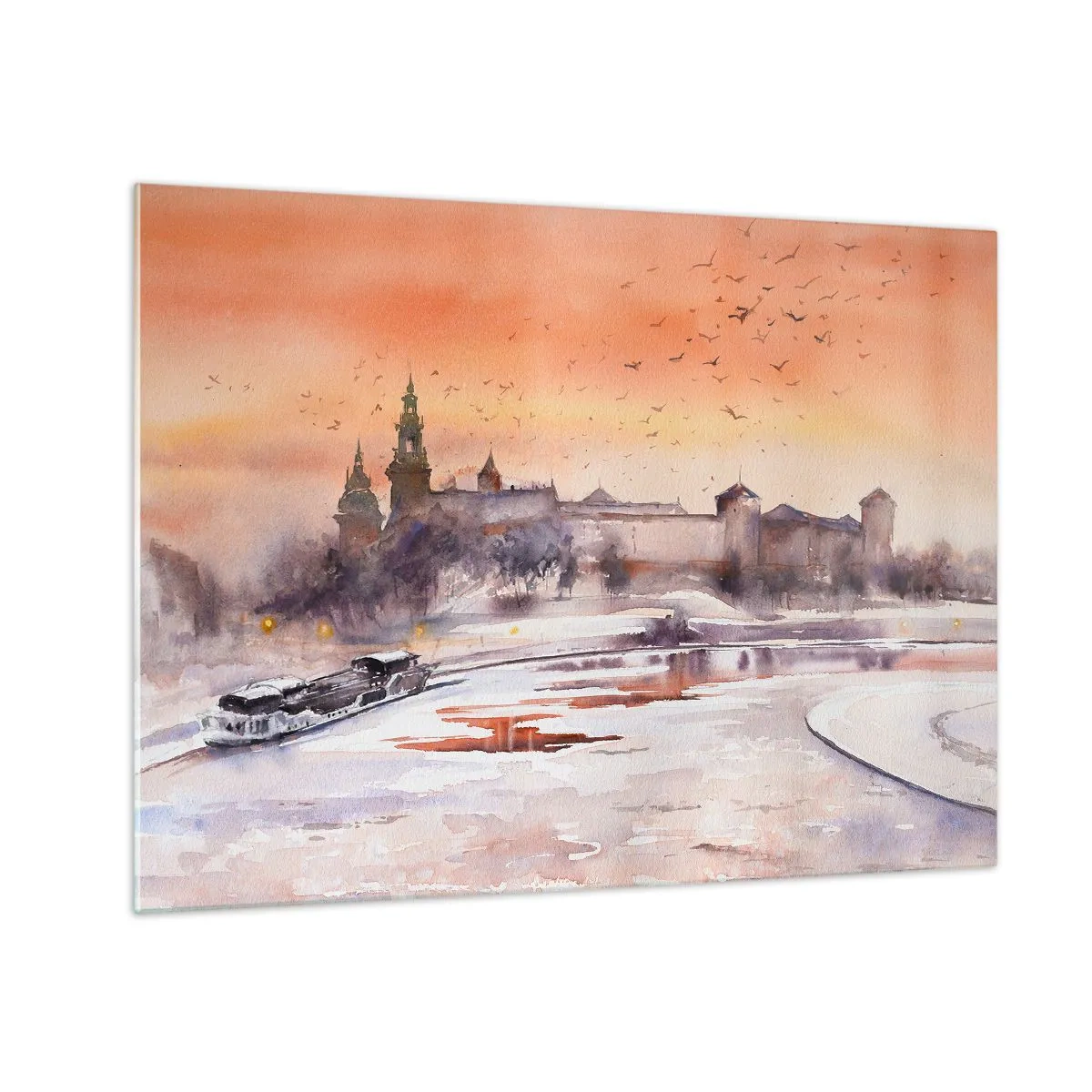 Obraz na szkle - Zachód słońca nad zamkiem królewskim i rzeką zimą - 70x50cm - Królewski zachód słońca - Nowoczesna dekoracja ścienna do salonu i sypialni ARTTOR