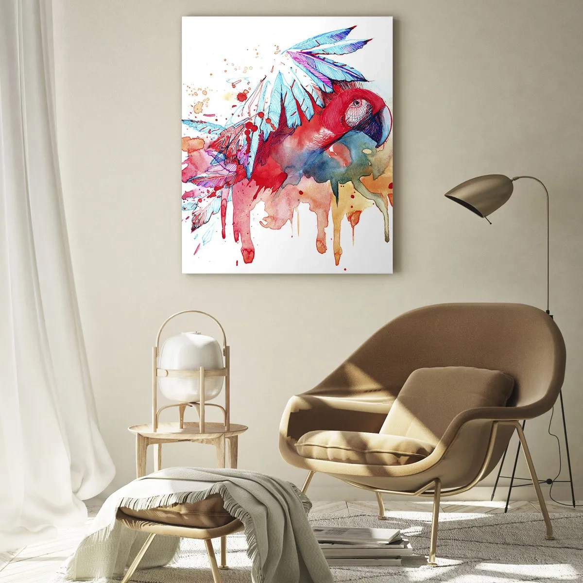 Obraz na szkle - Papuga w artystycznym stylu akwarelowym - 80x120cm - Kolorowe Papugi - Nowoczesna dekoracja ścienna do salonu i sypialni ARTTOR