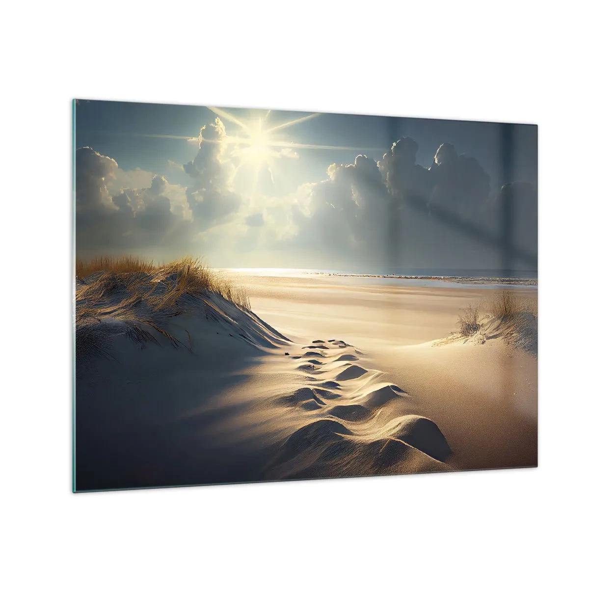 Obraz na szkle - Złote wydmy oświetlone promieniami słońca - 70x50cm - Kojący pejzaż - Nowoczesna dekoracja ścienna do salonu i sypialni ARTTOR
